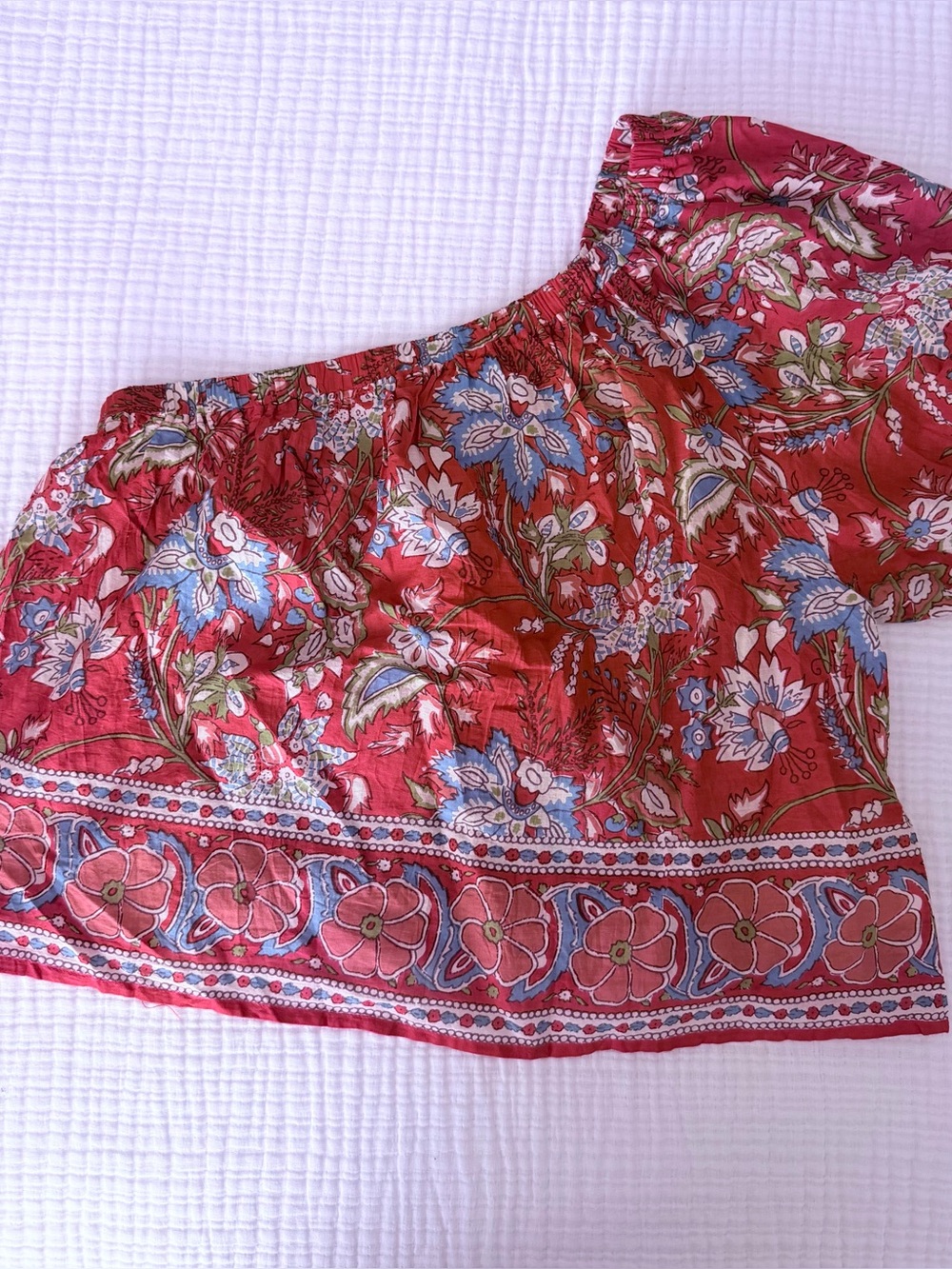 Velvet Red Floral Print one shoulder top.